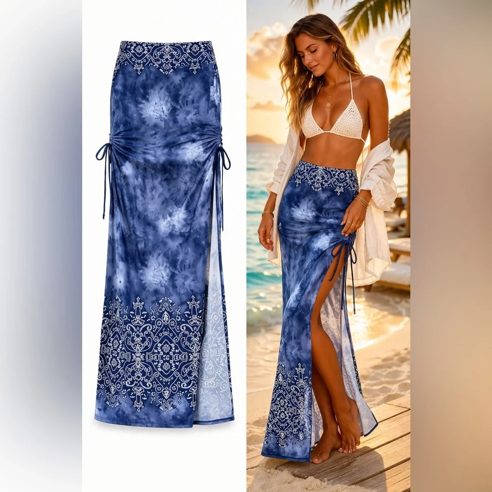 VENUS Blue Strapless Tie-Dye Maxi Dress with Border Print - Picture 8 of 8